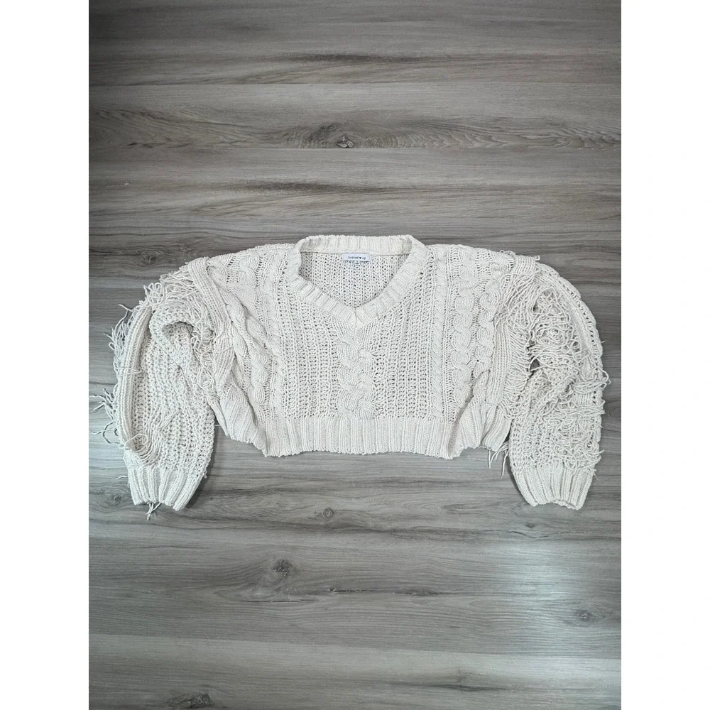 hooked up Cream Cable Knit‎ Fringe Cropped Sweater WMNS S Cottagecore fairycore